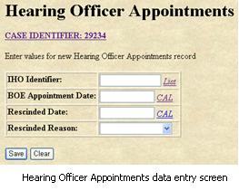 Hearing Officer Appointments Data Entry screen