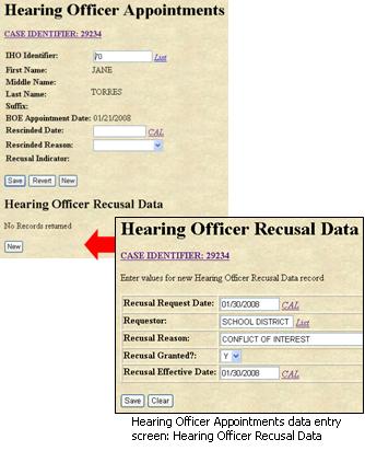 Hearing Officer Appointments Data Entry screen: Hearing Officer Recusal Data
