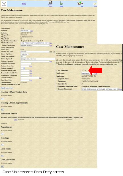 Case Maintenance Data Entry Screen