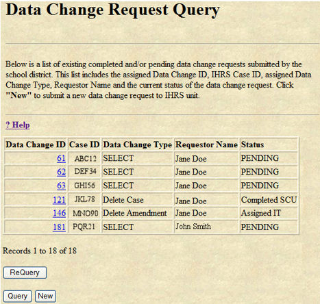 Data Change Request Status screen