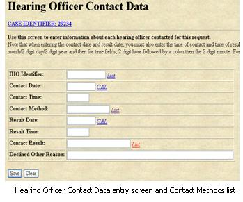 Hearing Officer Contact Data entry screen and Contact Methods list