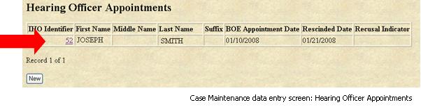 Case Maintenance Data Entry screen: Hearing Officer Appointments