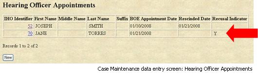 Case Maintenance Date Entry screen: Hearing Officer Appointments
