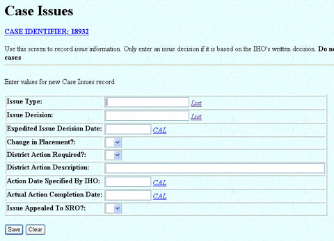 Case Issues Data Entry screen