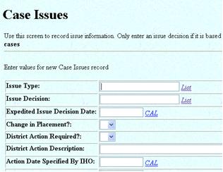 Case Issues Data Entry screen and Issue Decisions List