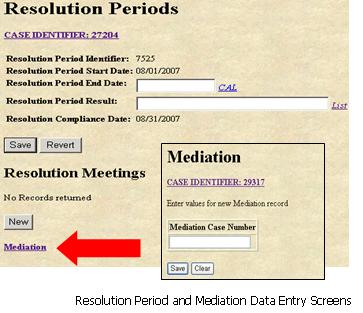 Resolution Period and Mediation Data Entry screens