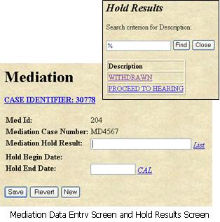 Mediation Data Entry Screen and Hold Result List