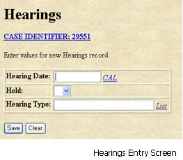 Hearings Data Entry screen