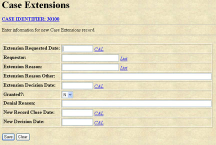 Extension Data Entry screen
