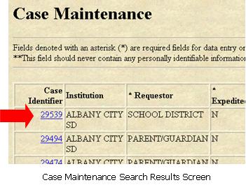 Case Maintenance Search Results screen