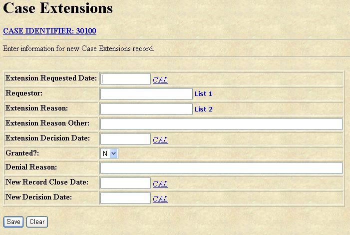 Case Extension Data Entry screen